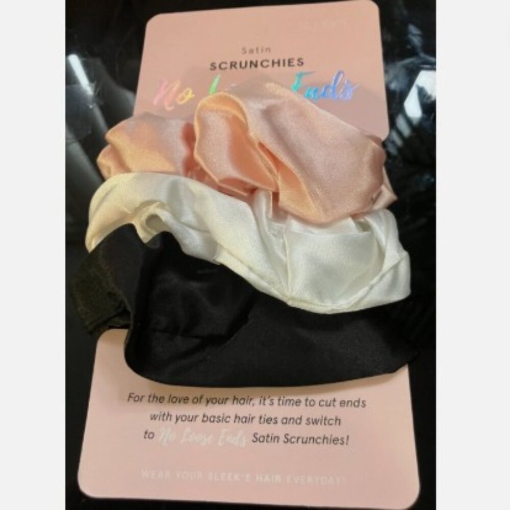 SLEEK'E SATIN SCRUNCHIES- 3 PACK-NO LOOSE ENDS-PINK/WHITE/BLACK-BRAND NEW-SEALED